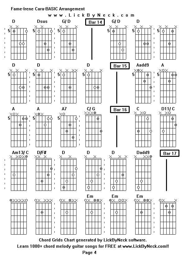 Chord Grids Chart of chord melody fingerstyle guitar song-Fame-Irene Cara-BASIC Arrangement,generated by LickByNeck software.